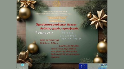 Αγρίνιο: Χριστουγεννιάτικο Bazaar Αγάπης- χαράς -προσφοράς απο την ΗΛΙΑΧΤΙΔΑ (εγκαίνια Τετ 17/12/2025 18:00 - διάρκεια εως Τρι 23/12/2025)